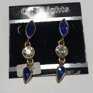 City Lights earrings/ dangling 1.75 in length/ blue and clear stones gol…